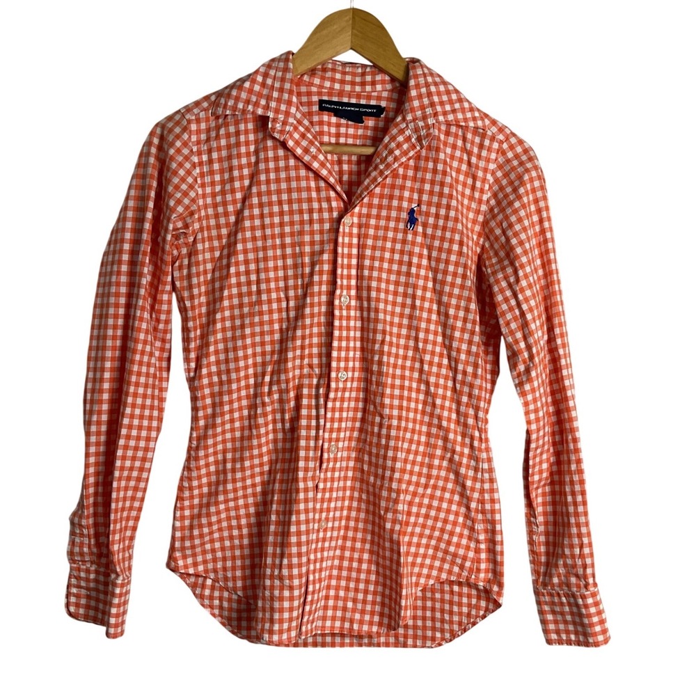 Ralph Lauren Sport Orange Gingham Cotton Button up Shirt Womens 2 preppy coastal